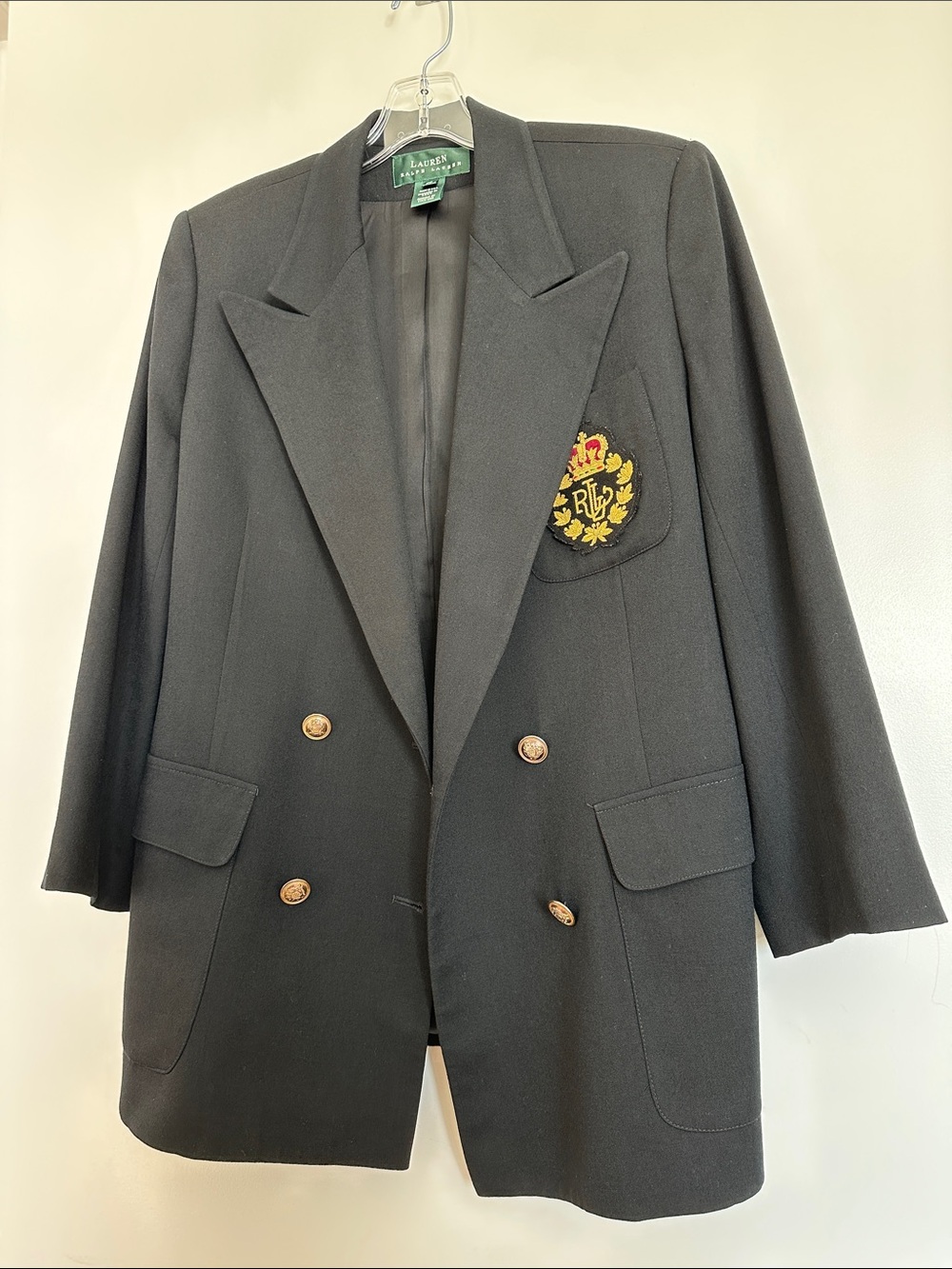 Vintage 90s Ralph Lauren Black Double-Breasted Blazer with Embroidered Crest 14 - Picture 6 of 12